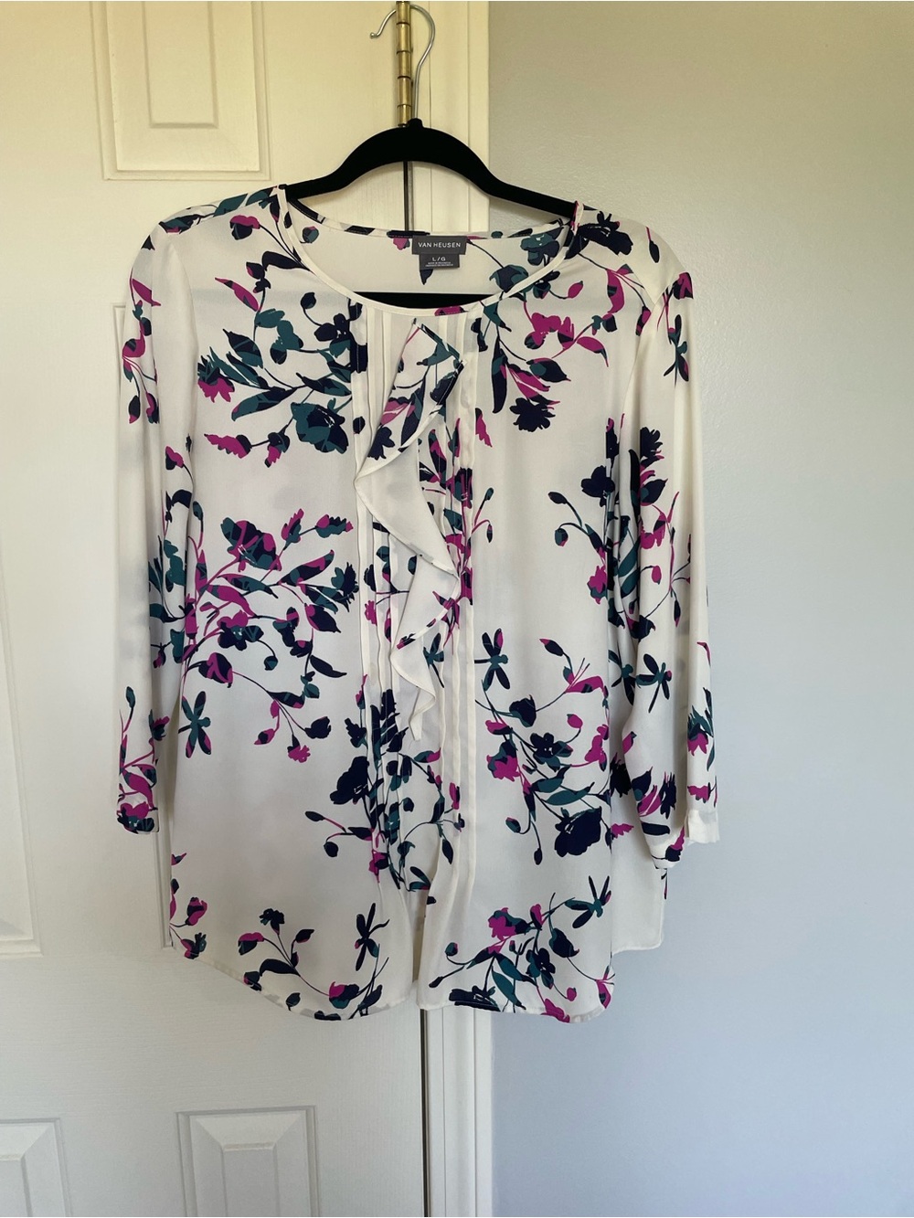 Van Heusen White Floral Ruffle Blouse with Pink & Teal Accents